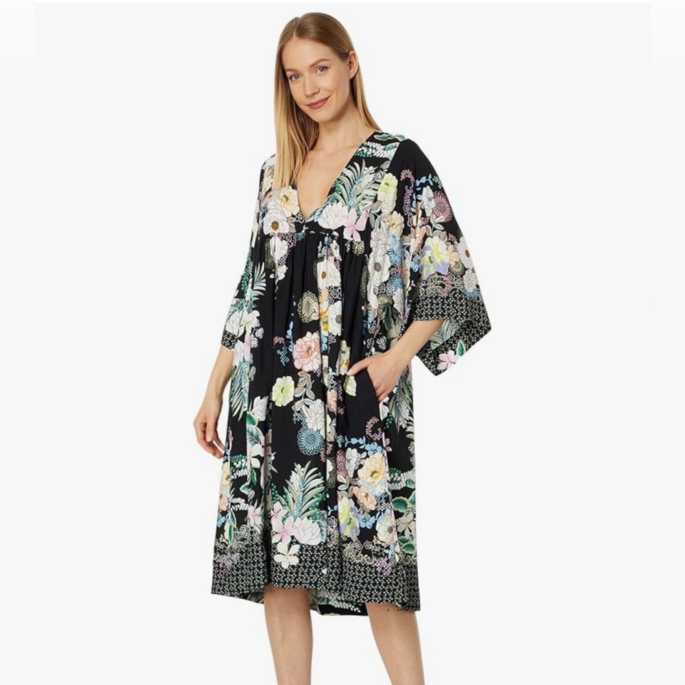 Johnny Was Mila Easy Cover-Up Black Floral Swing Dress.- Size Small - EUC
